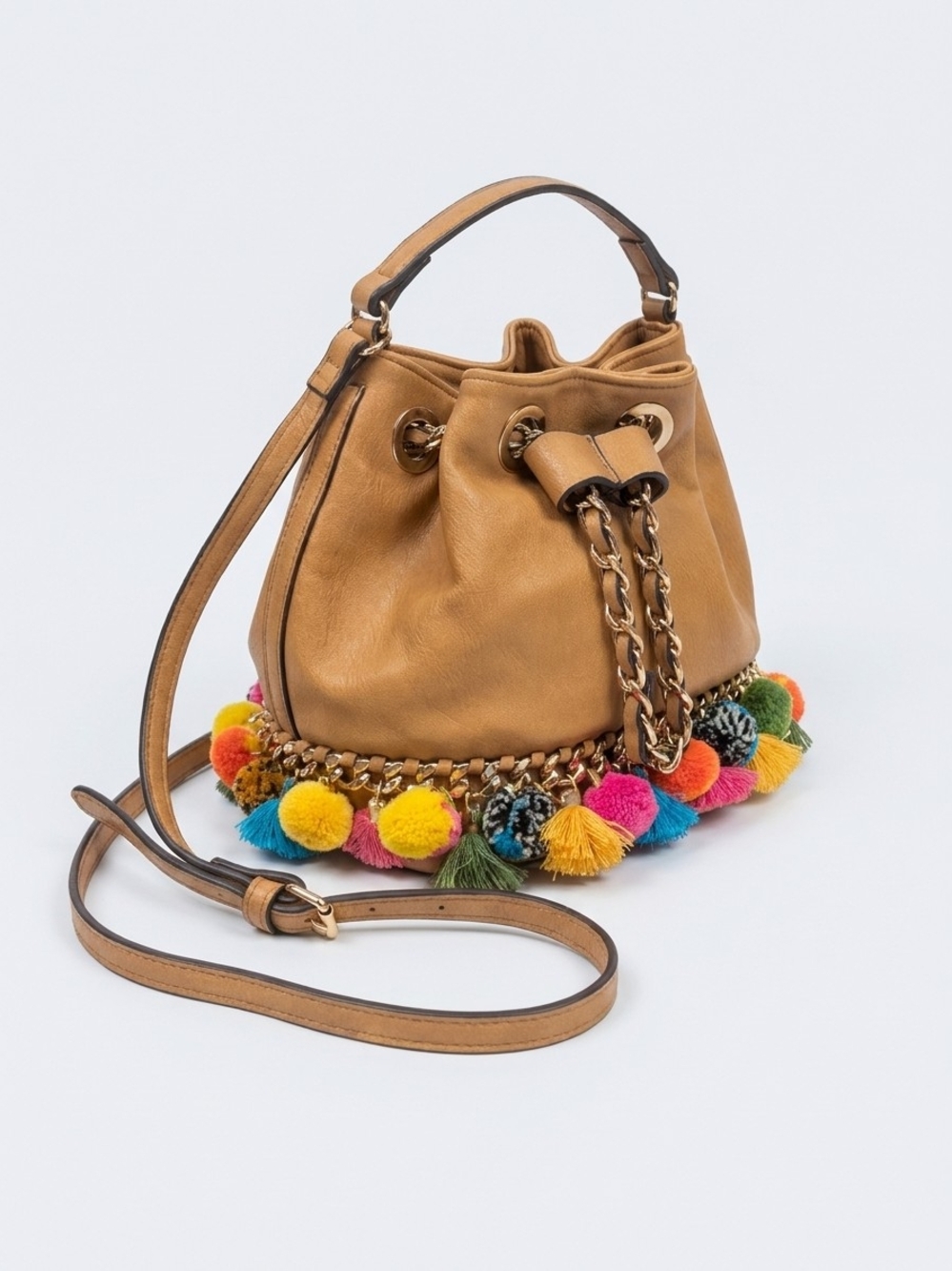 Aldo Tan Leather Drawstring Bucket Bag with Multicolor Pom-Pom Trim